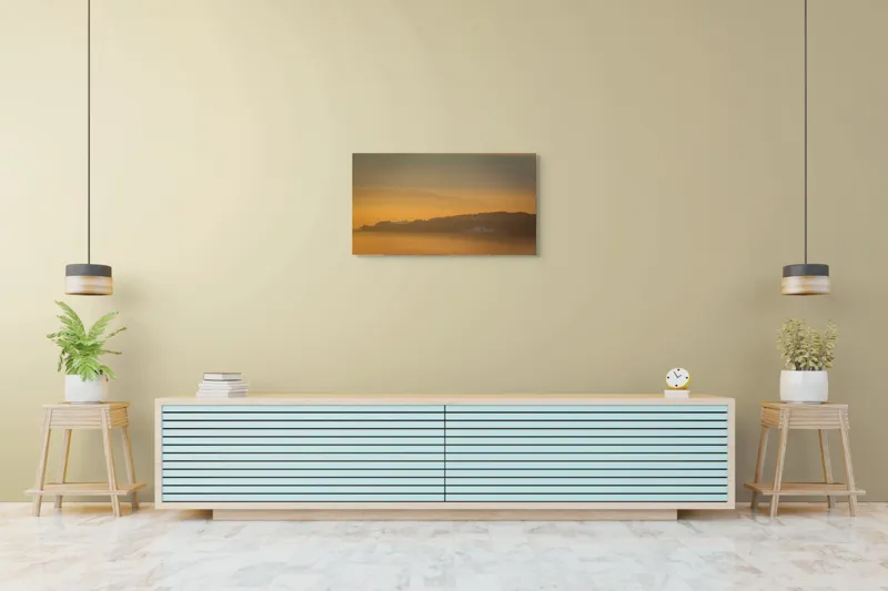 Tablou Canvas, "Dimineață aurie peste munți îndepărtați", Aurora, Serenitate, Munți, Ceață, Răsărit, Peisaj, Natură, 90 x 50 cm – poza 5