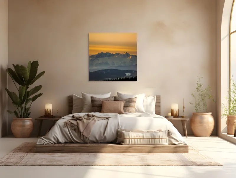 Tablou Canvas, "Zorii zilei peste munții înzăpeziți", Munți, Apus, Lumină, Zăpadă, Siluetă, Nor, Orizont, Peisaj, 100 x 100 cm – poza 4