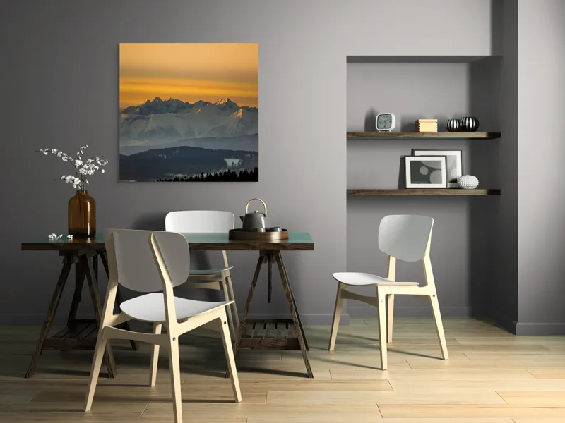 Tablou Canvas, "Zorii zilei peste munții înzăpeziți", Munți, Apus, Lumină, Zăpadă, Siluetă, Nor, Orizont, Peisaj, 100 x 100 cm – poza 6