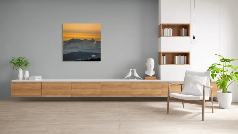 Tablou Canvas, "Zorii zilei peste munții înzăpeziți", Munți, Apus, Lumină, Zăpadă, Siluetă, Nor, Orizont, Peisaj, 100 x 100 cm – poza 8