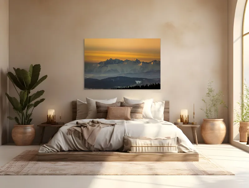 Tablou Canvas, "Zorii zilei peste munții înzăpeziți", Munți, Apus, Lumină, Zăpadă, Siluetă, Nor, Orizont, Peisaj, 150 x 100 cm – poza 4