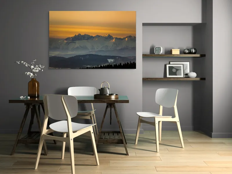 Tablou Canvas, "Zorii zilei peste munții înzăpeziți", Munți, Apus, Lumină, Zăpadă, Siluetă, Nor, Orizont, Peisaj, 150 x 100 cm – poza 5
