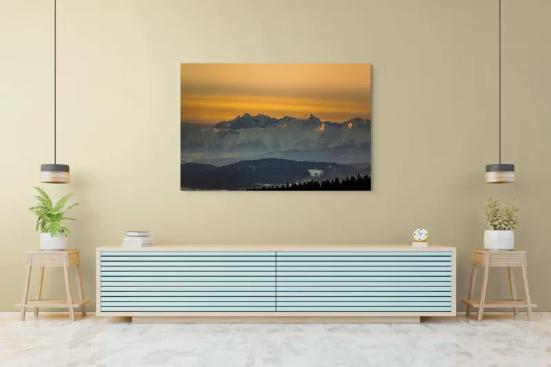 Tablou Canvas, "Zorii zilei peste munții înzăpeziți", Munți, Apus, Lumină, Zăpadă, Siluetă, Nor, Orizont, Peisaj, 150 x 100 cm – poza 6