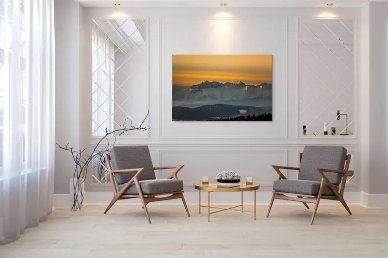 Tablou Canvas, "Zorii zilei peste munții înzăpeziți", Munți, Apus, Lumină, Zăpadă, Siluetă, Nor, Orizont, Peisaj, 150 x 100 cm – poza 7