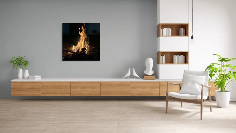 Tablou Canvas, "Focul dansând sub cerul nopții", Scânteie, Ardere, Lemne, Umbre, Intensitate, Strălucire, Foc, Căldură, Flăcări, Noapte, Natură, Energie, Mister, Relaxare., 100 x 100 cm – poza 8