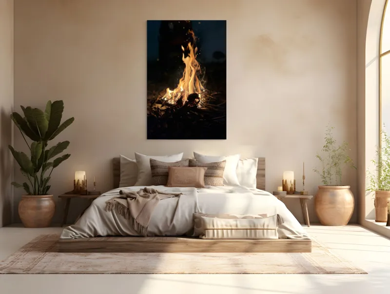 Tablou Canvas, "Focul dansând sub cerul nopții", Scânteie, Ardere, Lemne, Umbre, Intensitate, Strălucire, Foc, Căldură, Flăcări, Noapte, Natură, Energie, Mister, Relaxare., 100 x 150 cm – poza 3
