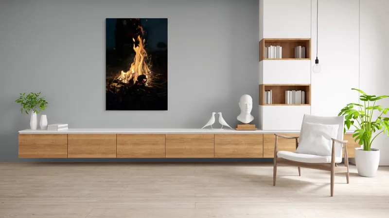 Tablou Canvas, "Focul dansând sub cerul nopții", Scânteie, Ardere, Lemne, Umbre, Intensitate, Strălucire, Foc, Căldură, Flăcări, Noapte, Natură, Energie, Mister, Relaxare., 100 x 150 cm – poza 8