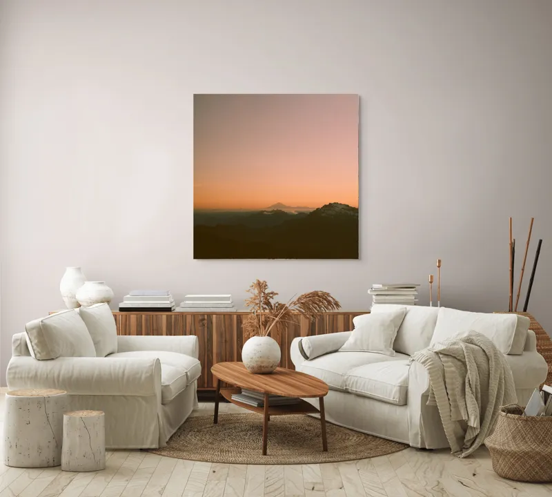 Tablou Canvas, "Zorii dimineții peste munți îndepărtați", Apus, Munți, Siluete, Cer, Norii., 100 x 100 cm – poza 3