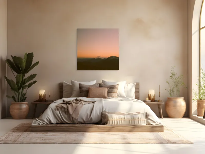 Tablou Canvas, "Zorii dimineții peste munți îndepărtați", Apus, Munți, Siluete, Cer, Norii., 100 x 100 cm – poza 4