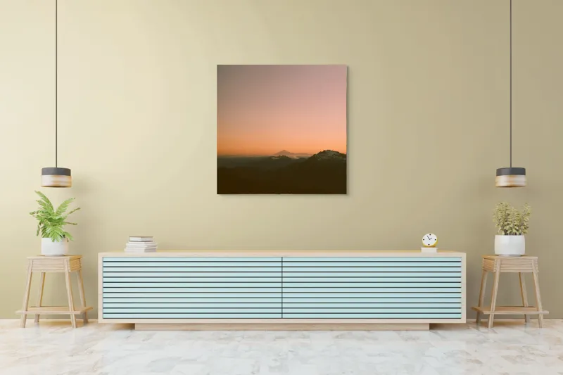 Tablou Canvas, "Zorii dimineții peste munți îndepărtați", Apus, Munți, Siluete, Cer, Norii., 100 x 100 cm – poza 5