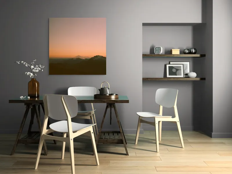Tablou Canvas, "Zorii dimineții peste munți îndepărtați", Apus, Munți, Siluete, Cer, Norii., 100 x 100 cm – poza 6