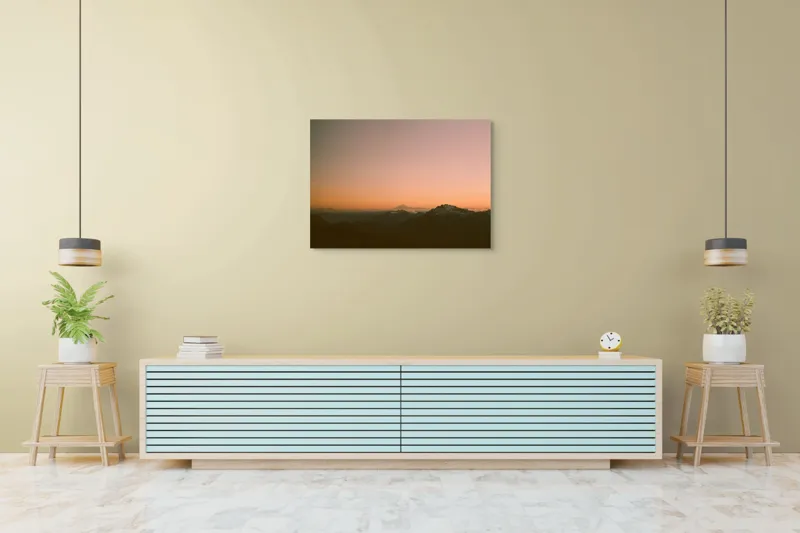 Tablou Canvas, "Zorii dimineții peste munți îndepărtați", Apus, Munți, Siluete, Cer, Norii., 100 x 70 cm – poza 4