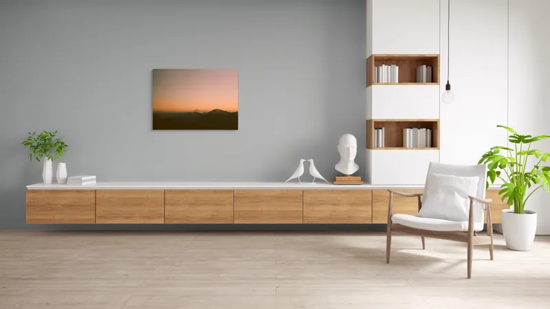Tablou Canvas, "Zorii dimineții peste munți îndepărtați", Apus, Munți, Siluete, Cer, Norii., 100 x 70 cm – poza 6