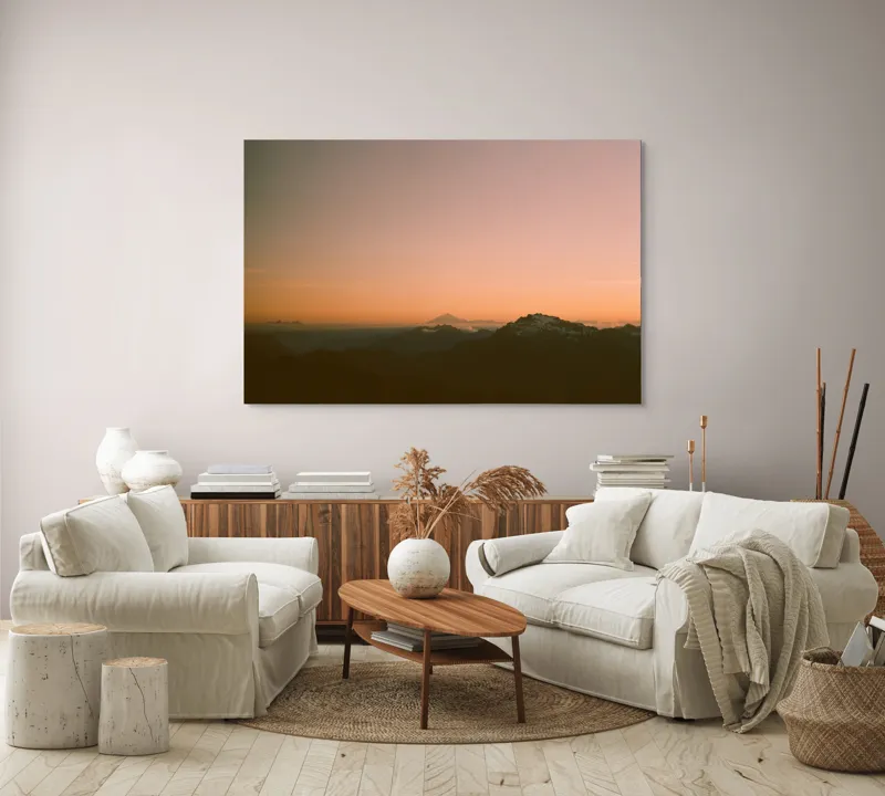 Tablou Canvas, "Zorii dimineții peste munți îndepărtați", Apus, Munți, Siluete, Cer, Norii., 150 x 100 cm – poza 3