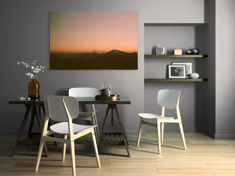 Tablou Canvas, "Zorii dimineții peste munți îndepărtați", Apus, Munți, Siluete, Cer, Norii., 150 x 100 cm – poza 5