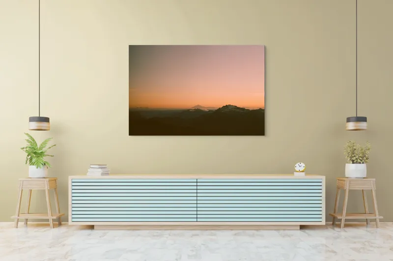 Tablou Canvas, "Zorii dimineții peste munți îndepărtați", Apus, Munți, Siluete, Cer, Norii., 150 x 100 cm – poza 6