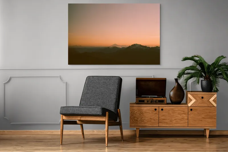 Tablou Canvas, "Zorii dimineții peste munți îndepărtați", Apus, Munți, Siluete, Cer, Norii., 150 x 100 cm – poza 8
