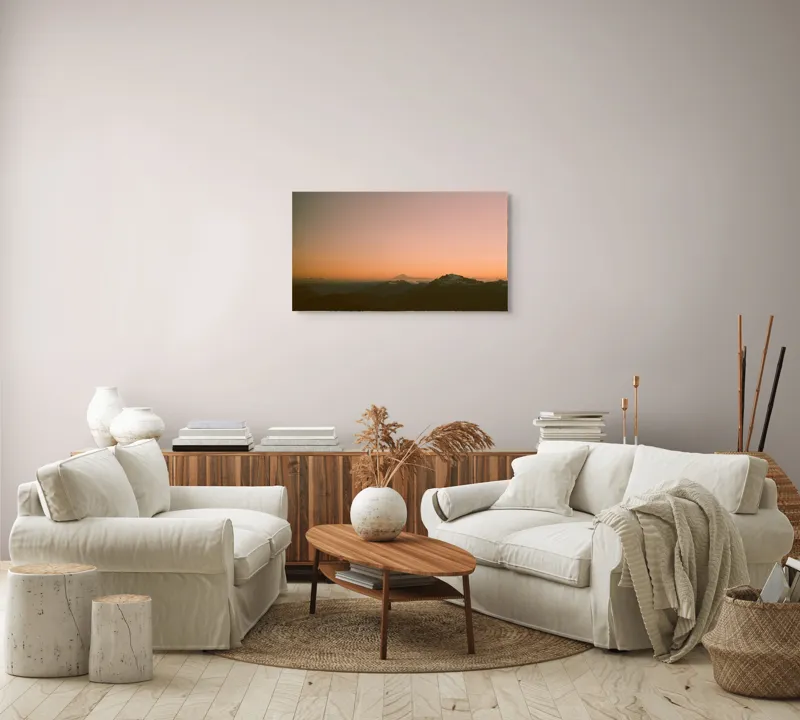 Tablou Canvas, "Zorii dimineții peste munți îndepărtați", Apus, Munți, Siluete, Cer, Norii., 90 x 50 cm – poza 4