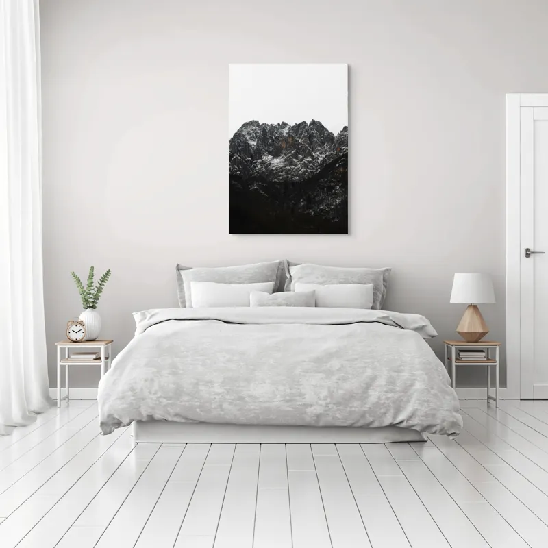 Tablou Canvas, "Zăpadă pe stâncile muntelui înalt", Munți, Zăpadă, Stânci, Cer, Iarnă, 70 x 100 cm – poza 3