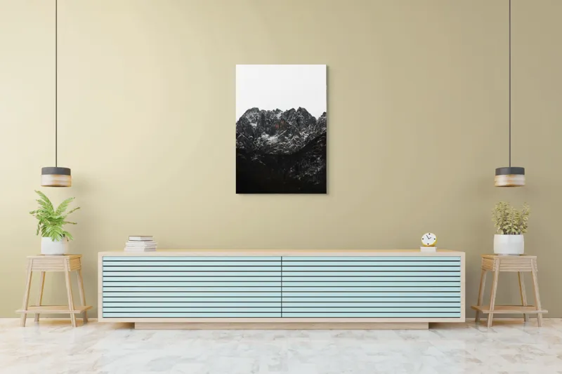Tablou Canvas, "Zăpadă pe stâncile muntelui înalt", Munți, Zăpadă, Stânci, Cer, Iarnă, 70 x 100 cm – poza 5