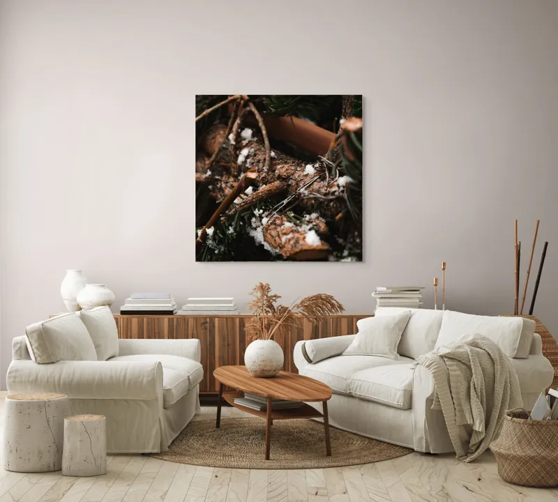 Tablou Canvas, "Crengi de brad acoperite de zăpadă", Crengi, Frunziș, Zăpadă, Natură, Textură, Iarnă, Rugozitate, Detaliu., 100 x 100 cm – poza 3
