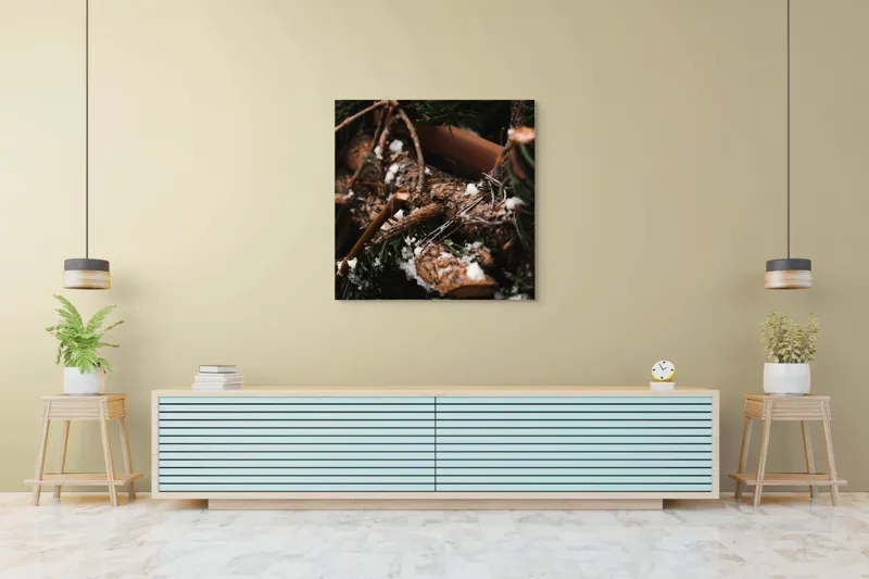 Tablou Canvas, "Crengi de brad acoperite de zăpadă", Crengi, Frunziș, Zăpadă, Natură, Textură, Iarnă, Rugozitate, Detaliu., 100 x 100 cm – poza 5