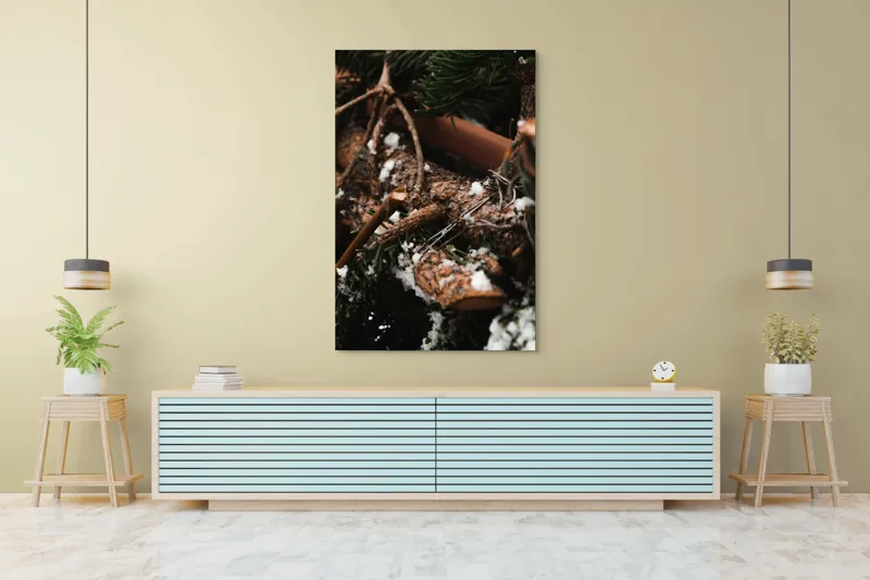 Tablou Canvas, "Crengi de brad acoperite de zăpadă", Crengi, Frunziș, Zăpadă, Natură, Textură, Iarnă, Rugozitate, Detaliu., 100 x 150 cm – poza 4