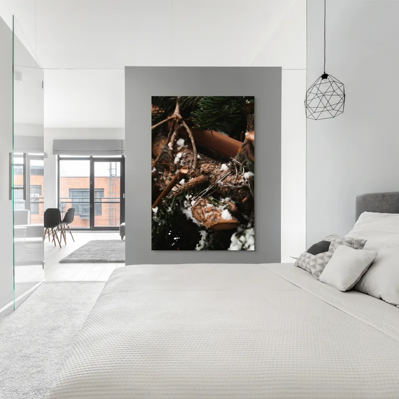 Tablou Canvas, "Crengi de brad acoperite de zăpadă", Crengi, Frunziș, Zăpadă, Natură, Textură, Iarnă, Rugozitate, Detaliu., 100 x 150 cm – poza 5