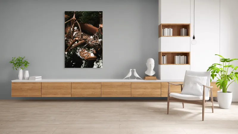 Tablou Canvas, "Crengi de brad acoperite de zăpadă", Crengi, Frunziș, Zăpadă, Natură, Textură, Iarnă, Rugozitate, Detaliu., 100 x 150 cm – poza 8