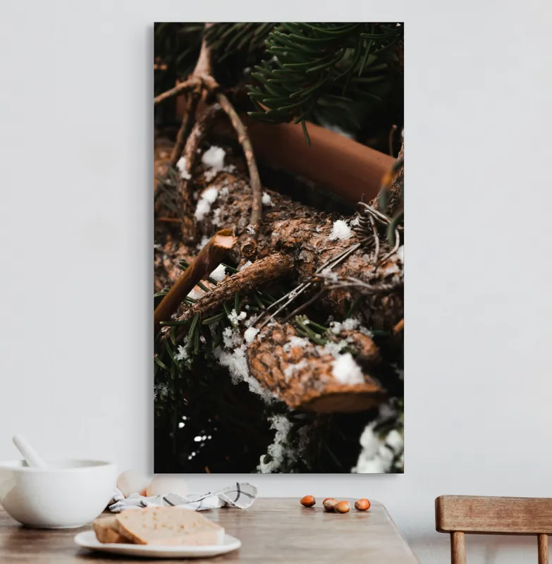 Tablou Canvas, "Crengi de brad acoperite de zăpadă", Crengi, Frunziș, Zăpadă, Natură, Textură, Iarnă, Rugozitate, Detaliu., 50 x 90 cm – poza 3