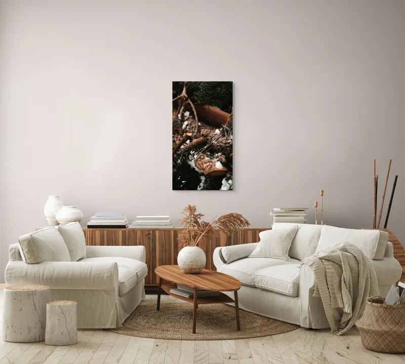 Tablou Canvas, "Crengi de brad acoperite de zăpadă", Crengi, Frunziș, Zăpadă, Natură, Textură, Iarnă, Rugozitate, Detaliu., 50 x 90 cm – poza 7