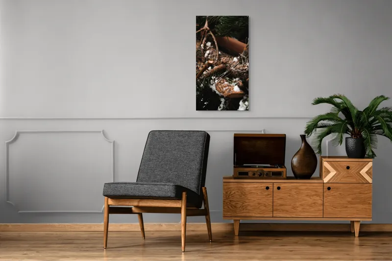 Tablou Canvas, "Crengi de brad acoperite de zăpadă", Crengi, Frunziș, Zăpadă, Natură, Textură, Iarnă, Rugozitate, Detaliu., 50 x 90 cm – poza 8