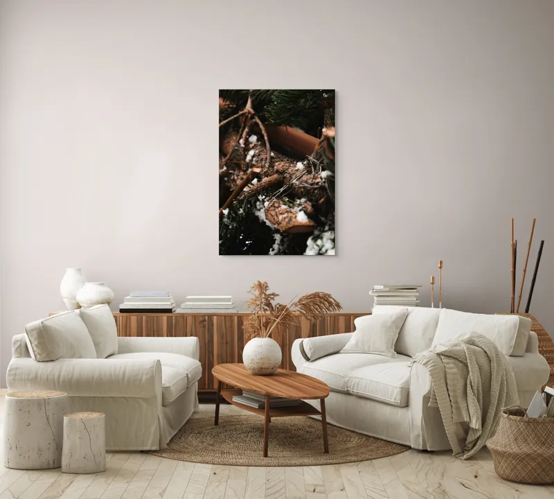 Tablou Canvas, "Crengi de brad acoperite de zăpadă", Crengi, Frunziș, Zăpadă, Natură, Textură, Iarnă, Rugozitate, Detaliu., 70 x 100 cm – poza 4
