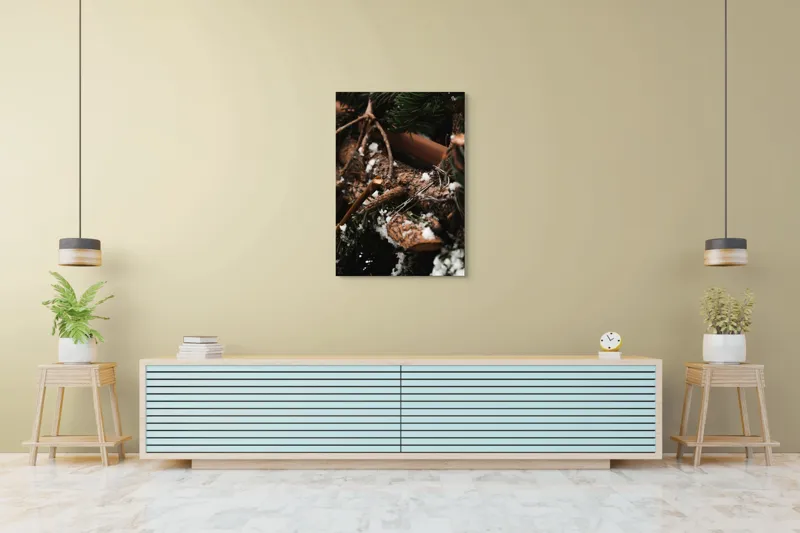 Tablou Canvas, "Crengi de brad acoperite de zăpadă", Crengi, Frunziș, Zăpadă, Natură, Textură, Iarnă, Rugozitate, Detaliu., 70 x 100 cm – poza 5