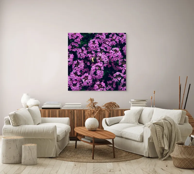 Tablou Canvas, "Albine printre florile de liliac", Flori, Mov, Albina, Natură, Delicat, Viu, Plante, Verdeață, 100 x 100 cm – poza 3