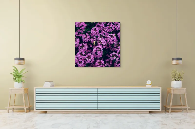 Tablou Canvas, "Albine printre florile de liliac", Flori, Mov, Albina, Natură, Delicat, Viu, Plante, Verdeață, 100 x 100 cm – poza 5
