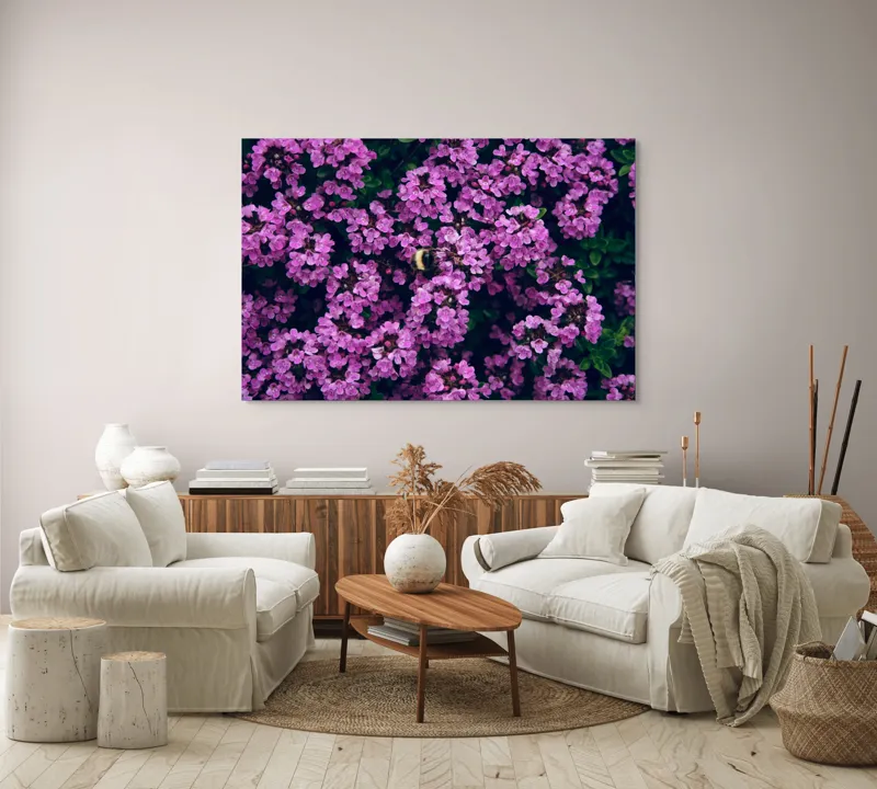 Tablou Canvas, "Albine printre florile de liliac", Flori, Mov, Albina, Natură, Delicat, Viu, Plante, Verdeață, 150 x 100 cm – poza 3