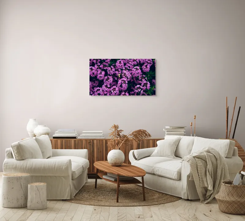 Tablou Canvas, "Albine printre florile de liliac", Flori, Mov, Albina, Natură, Delicat, Viu, Plante, Verdeață, 90 x 50 cm – poza 4