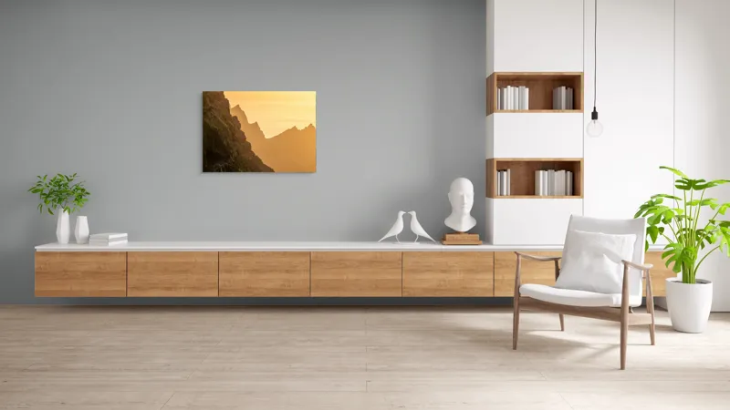Tablou Canvas, "Razele soarelui peste munți stâncoși", Munte, Apus, Pădure, Cer, Aurziu, Stânci, Lumină, Siluetă, 100 x 70 cm – poza 6
