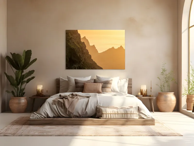 Tablou Canvas, "Razele soarelui peste munți stâncoși", Munte, Apus, Pădure, Cer, Aurziu, Stânci, Lumină, Siluetă, 150 x 100 cm – poza 4