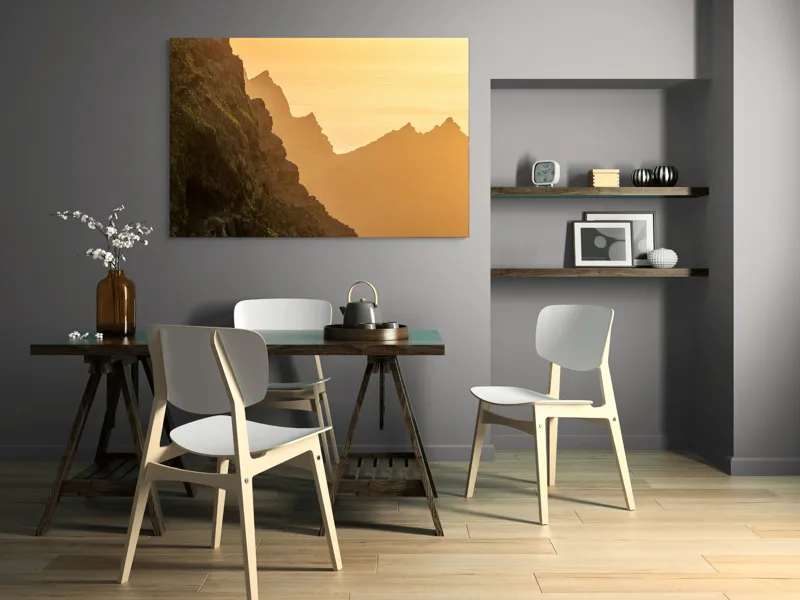 Tablou Canvas, "Razele soarelui peste munți stâncoși", Munte, Apus, Pădure, Cer, Aurziu, Stânci, Lumină, Siluetă, 150 x 100 cm – poza 5