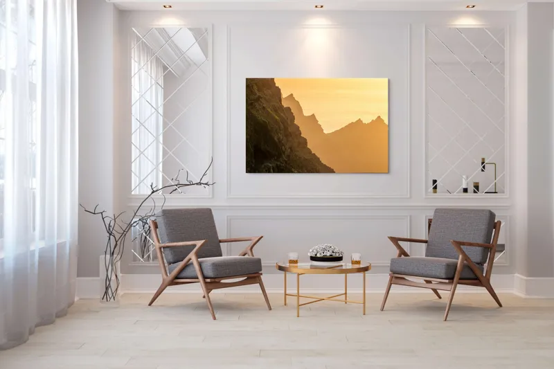 Tablou Canvas, "Razele soarelui peste munți stâncoși", Munte, Apus, Pădure, Cer, Aurziu, Stânci, Lumină, Siluetă, 150 x 100 cm – poza 7