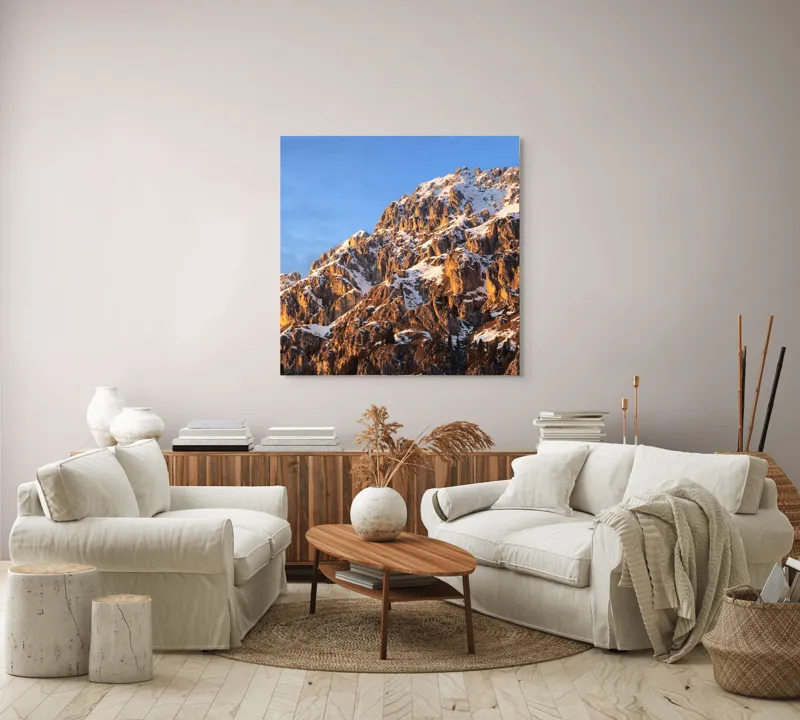 Tablou Canvas, "Splendoarea munților la apus", Munți, Zăpadă, Răsărit, Piatră, Cer, Lumină, Umbre, Peisaj, Natură, Pitoresc., 100 x 100 cm – poza 3