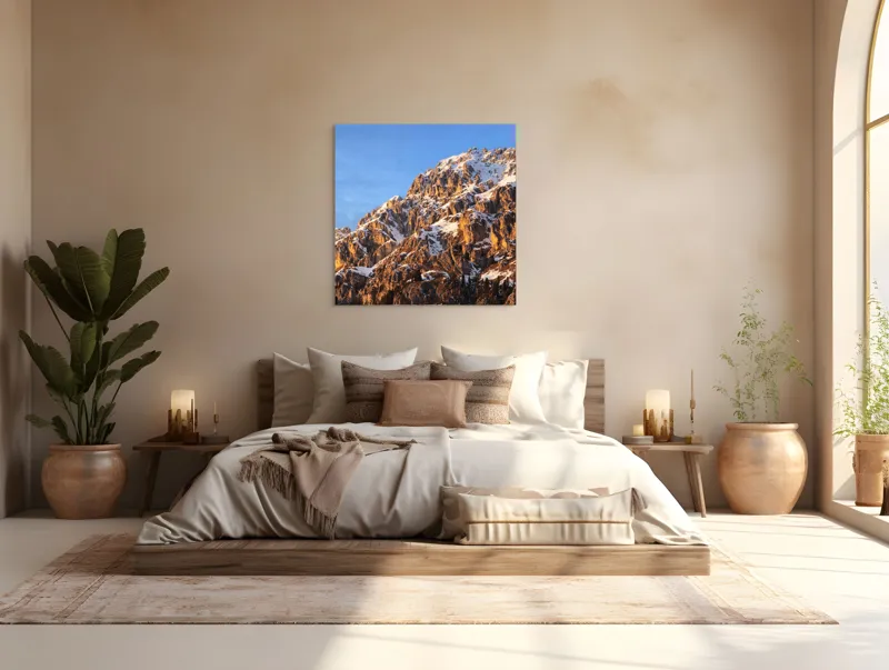 Tablou Canvas, "Splendoarea munților la apus", Munți, Zăpadă, Răsărit, Piatră, Cer, Lumină, Umbre, Peisaj, Natură, Pitoresc., 100 x 100 cm – poza 4