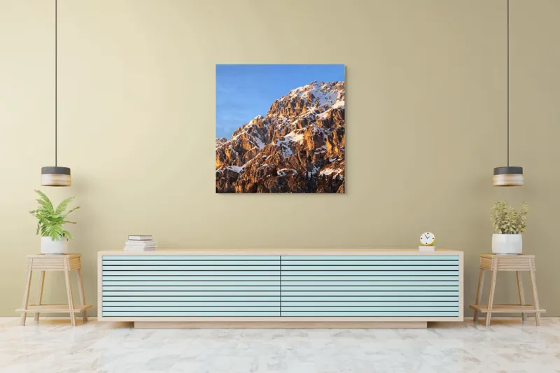 Tablou Canvas, "Splendoarea munților la apus", Munți, Zăpadă, Răsărit, Piatră, Cer, Lumină, Umbre, Peisaj, Natură, Pitoresc., 100 x 100 cm – poza 5