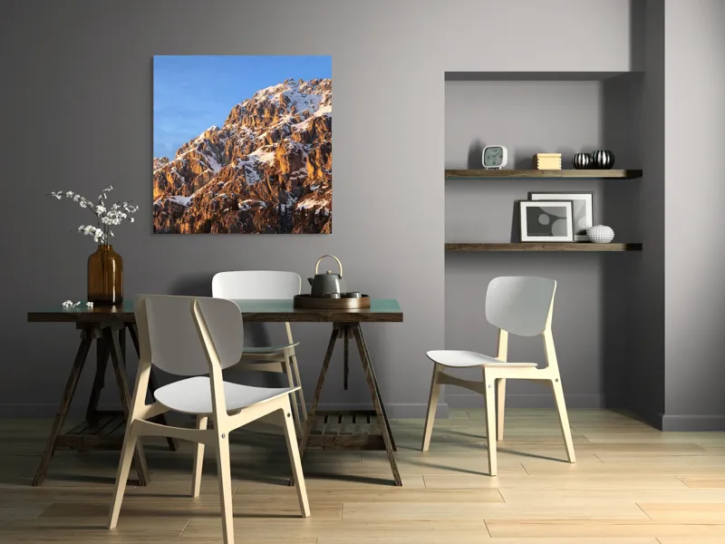 Tablou Canvas, "Splendoarea munților la apus", Munți, Zăpadă, Răsărit, Piatră, Cer, Lumină, Umbre, Peisaj, Natură, Pitoresc., 100 x 100 cm – poza 6