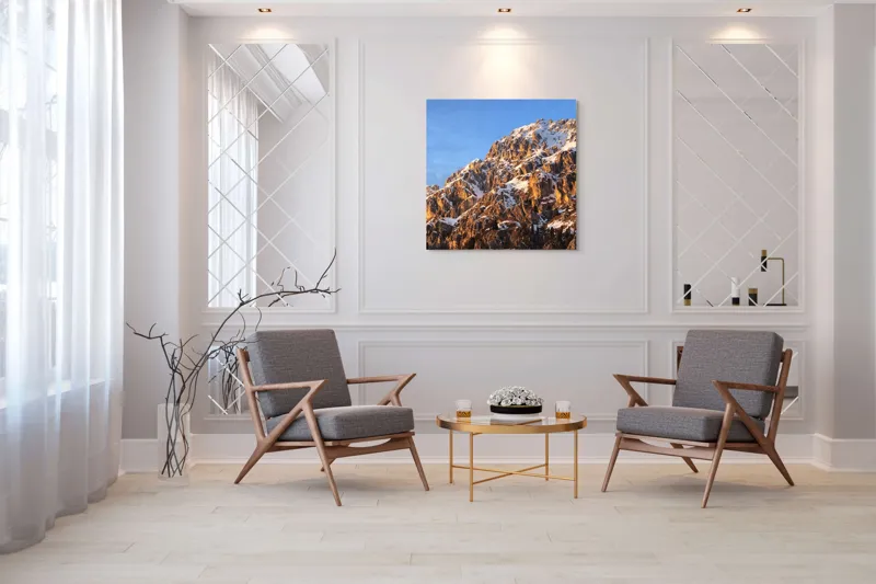 Tablou Canvas, "Splendoarea munților la apus", Munți, Zăpadă, Răsărit, Piatră, Cer, Lumină, Umbre, Peisaj, Natură, Pitoresc., 100 x 100 cm – poza 7