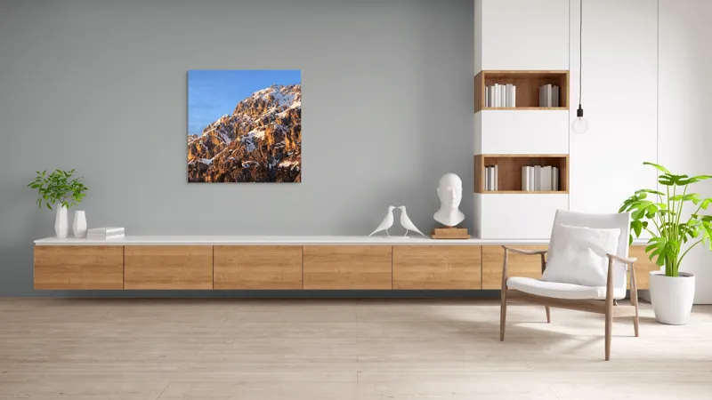Tablou Canvas, "Splendoarea munților la apus", Munți, Zăpadă, Răsărit, Piatră, Cer, Lumină, Umbre, Peisaj, Natură, Pitoresc., 100 x 100 cm – poza 8