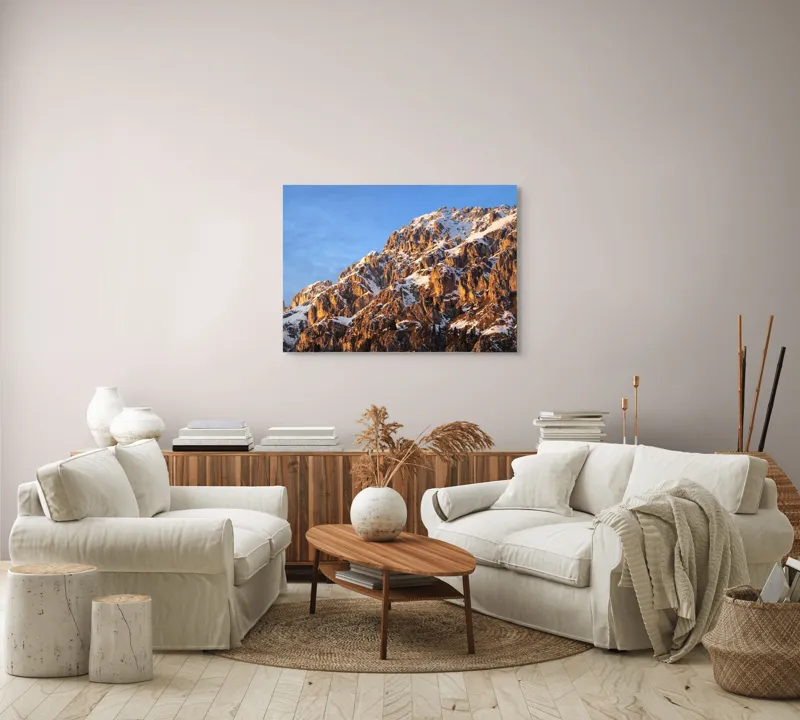 Tablou Canvas, "Splendoarea munților la apus", Munți, Zăpadă, Răsărit, Piatră, Cer, Lumină, Umbre, Peisaj, Natură, Pitoresc., 100 x 70 cm – poza 3