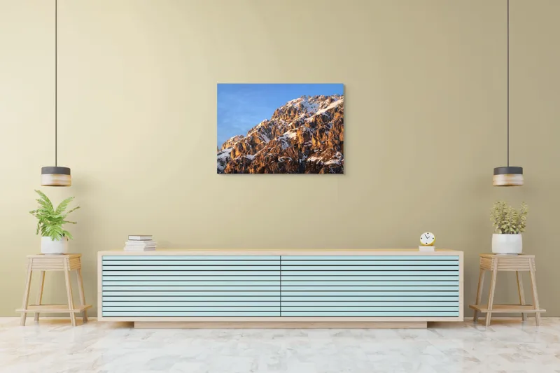 Tablou Canvas, "Splendoarea munților la apus", Munți, Zăpadă, Răsărit, Piatră, Cer, Lumină, Umbre, Peisaj, Natură, Pitoresc., 100 x 70 cm – poza 4